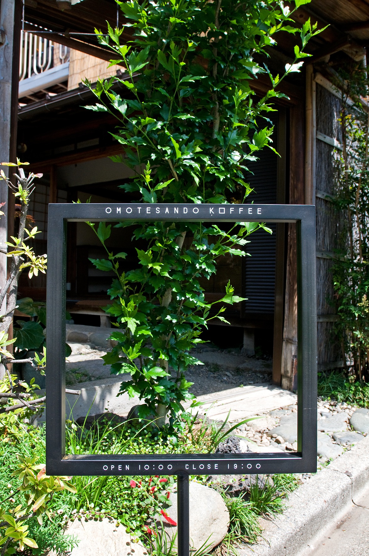 Omotesando Koffee's steel-framed storefront sign surrounded by green foliage in Tokyo.