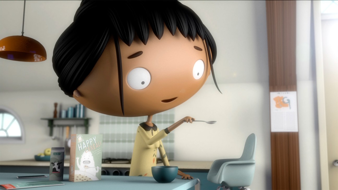Animated character in yellow shirt cooking in a kitchen with large expressive eyes.