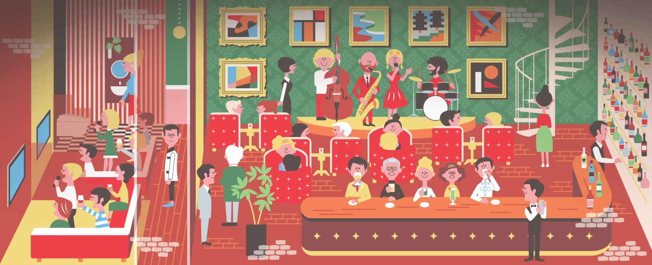 Illustration of a busy bar interior with colorful patrons drinking, socializing, and performing music on a stage.