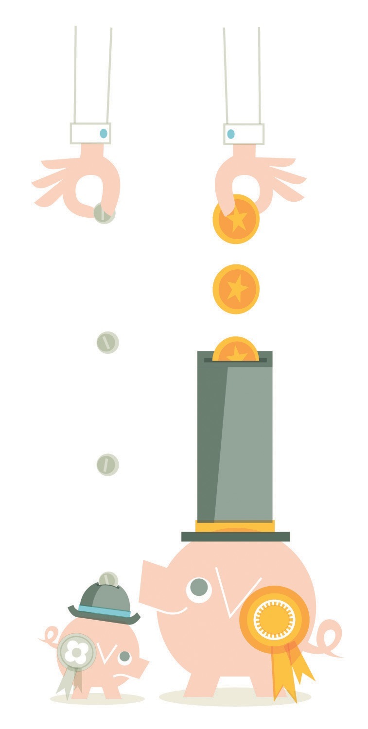 Illustration of hands holding coins above a piggy bank representing government budget and financial resources.