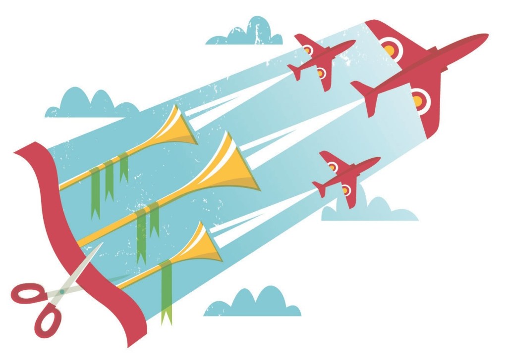 Illustrated graphic of red aircraft with yellow megaphones and green ribbons being cut by scissors against a blue sky with clouds.