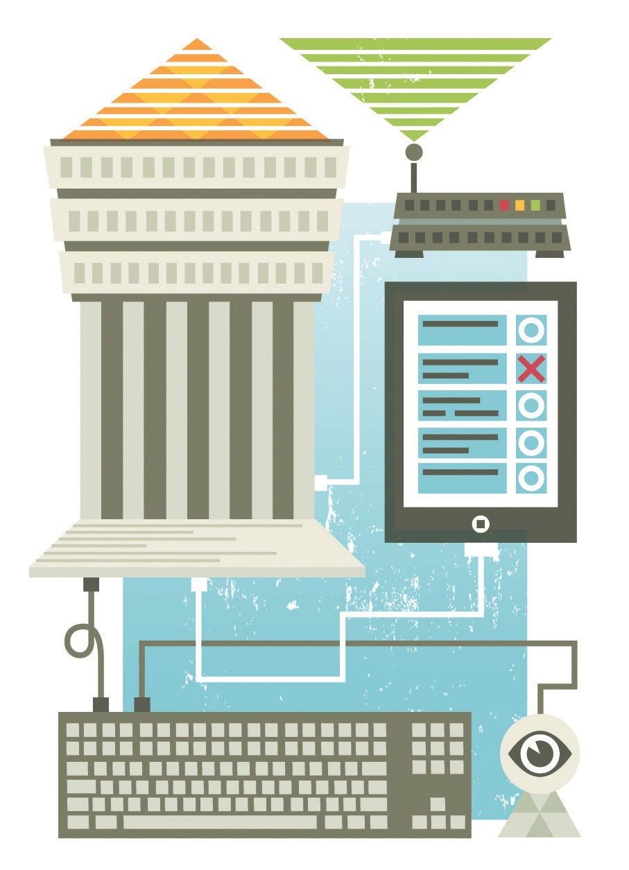 Illustration of parliament building with technology symbols including voting device, keyboard, camera and satellite dish.