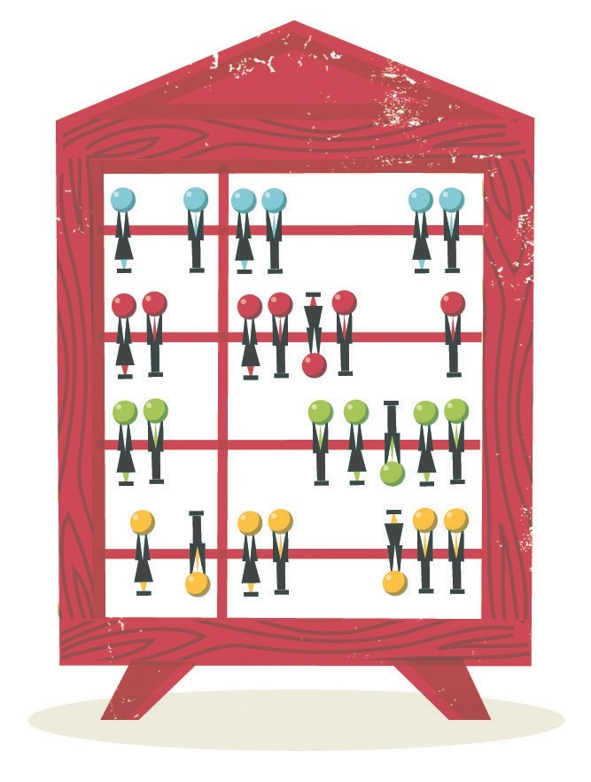 Illustration of a red parliament chamber building with stylized figures representing legislators in different colored spheres arranged on four levels.