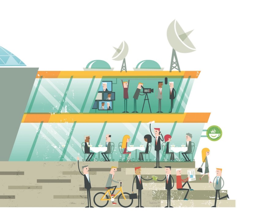 Illustration of a modern parliament building with multiple levels showing media centre, dining facilities, and public areas with politicians and visitors.