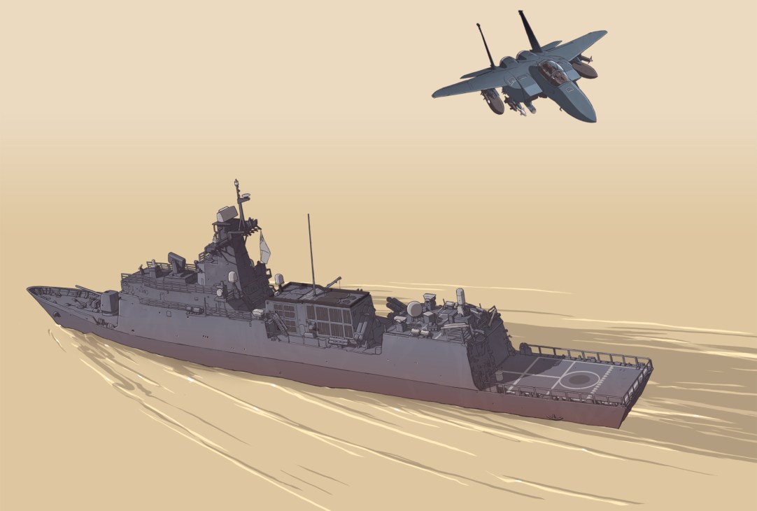 Illustration of Philippine military frigate with FA-50 fighter jet in flight above.