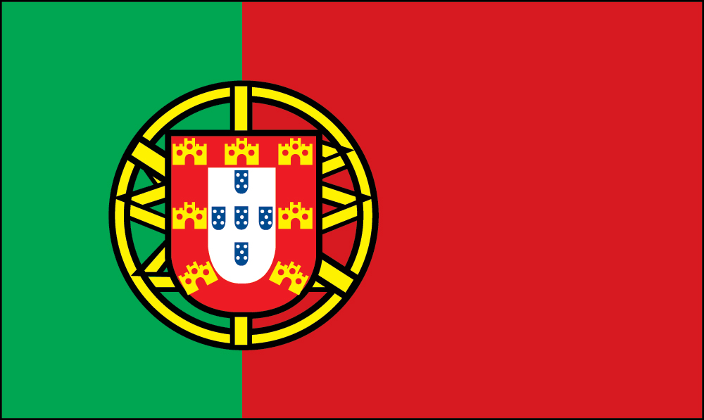 Portuguese flag with green and red sections and central coat of arms featuring shield with castles and spheres.