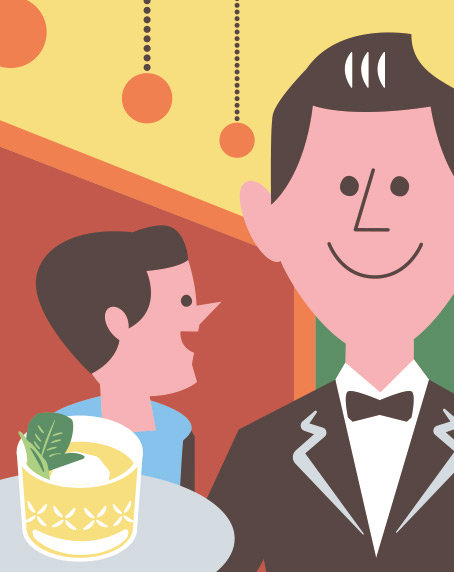 Illustration of a bartender in a tuxedo and a patron holding a cocktail.