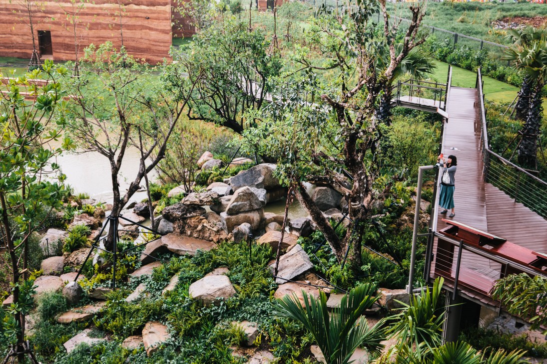 A visitor walks across a wooden platform over a natural stream running through lush forest vegetation with rocks and trees at PTT City Forest in Bangkok.
