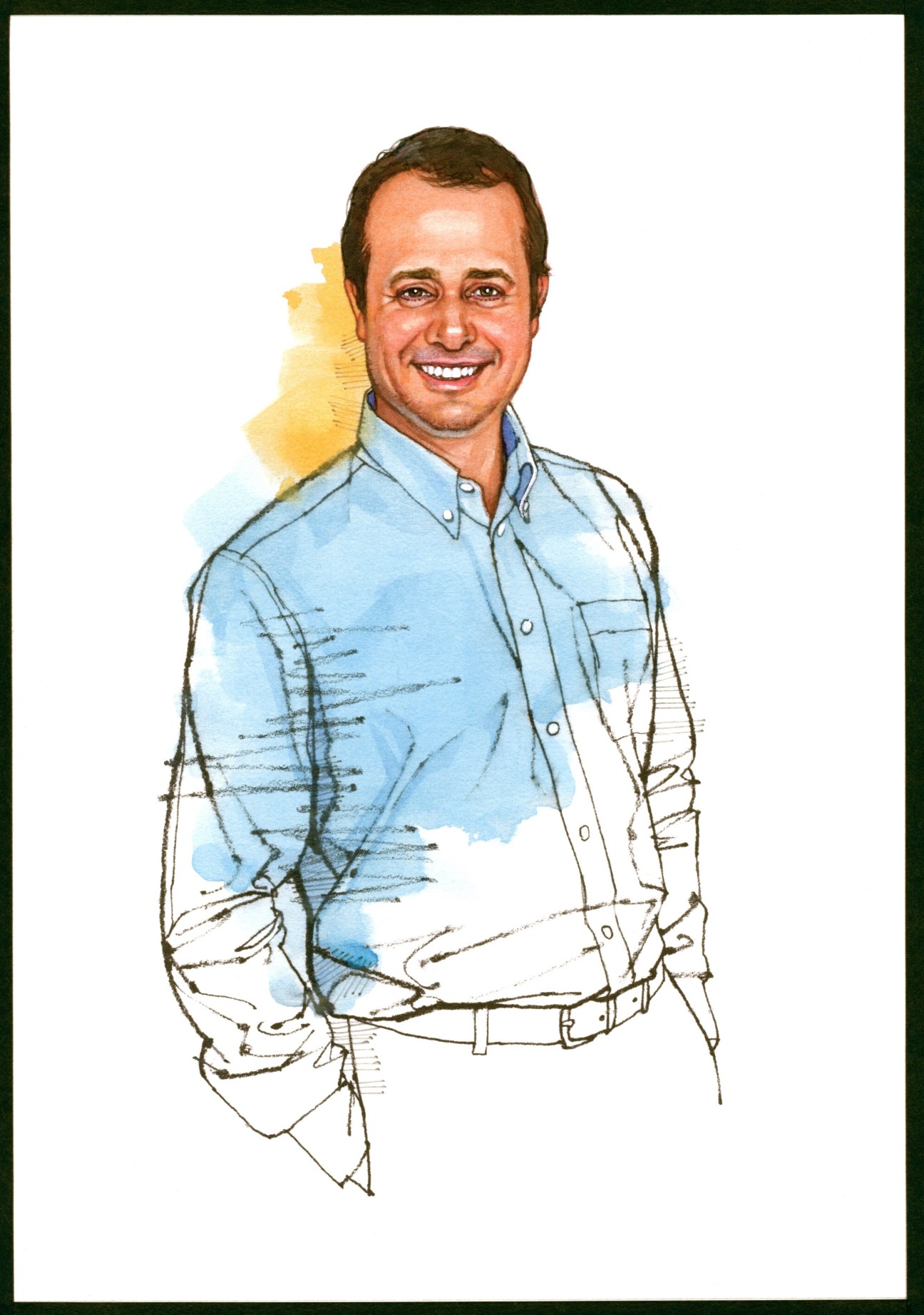 Portrait illustration of Pierre-Alexis Dumas, artistic director at Hermès, wearing a light blue button-up shirt.