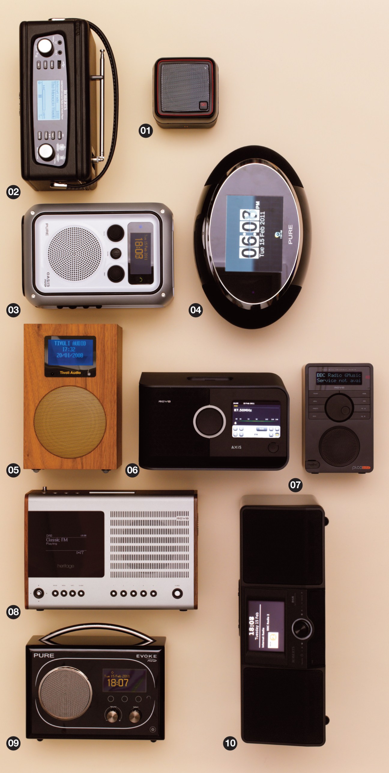 Collection of ten internet radio devices arranged on a beige background, numbered 01-10, displaying various models and designs.