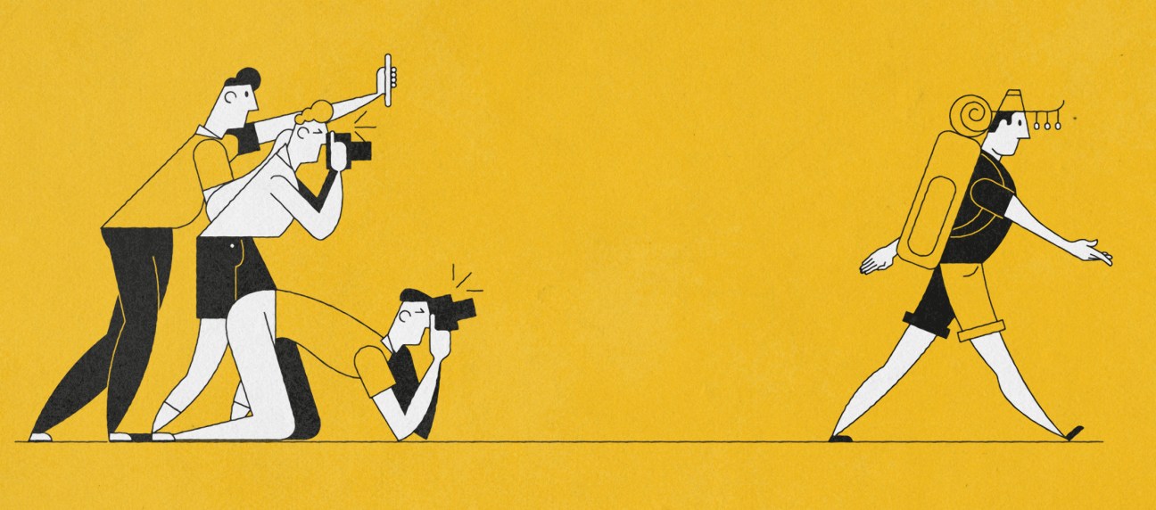 Illustration of three people with cameras and equipment on a yellow background, with one figure walking away on the right.