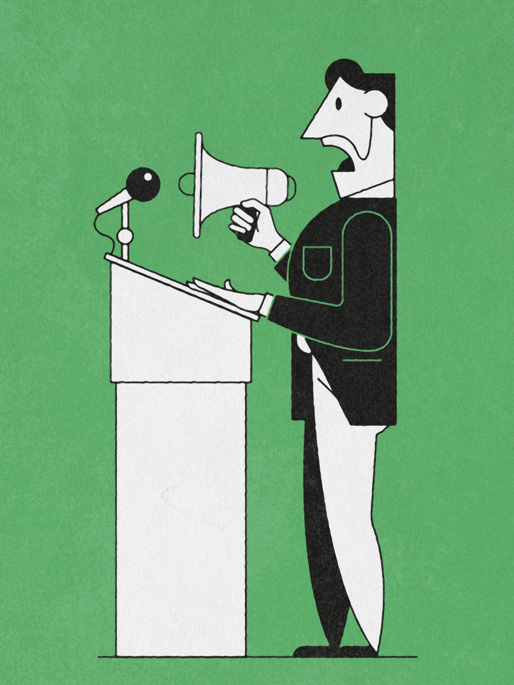 Illustration of a man in a suit holding a megaphone while standing at a podium with a microphone.
