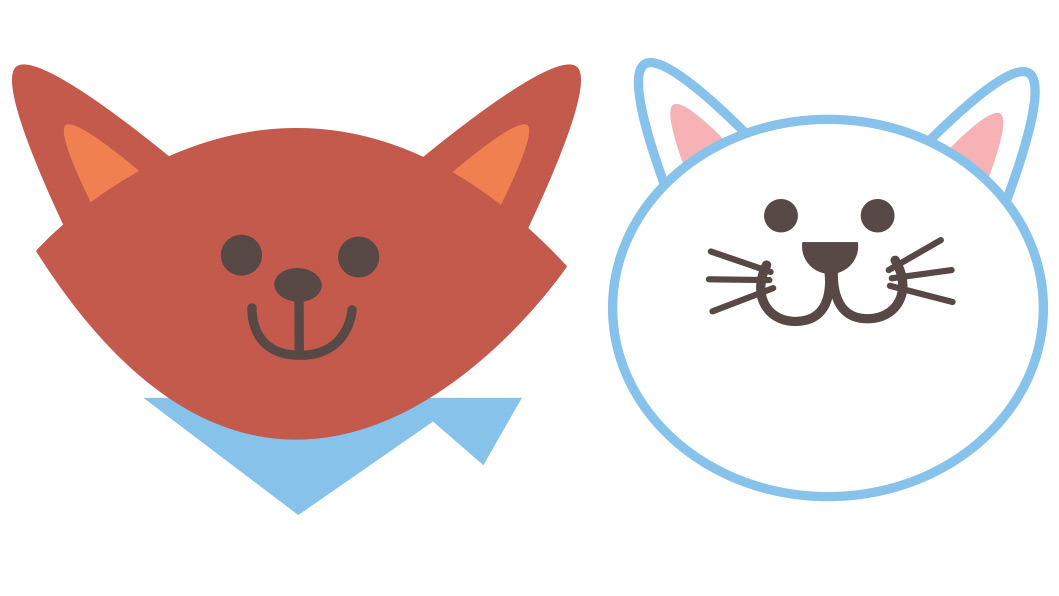 Illustrated cartoon cats: a red cat with pointed ears and a white cat with blue outline representing Whiskers and Soda.