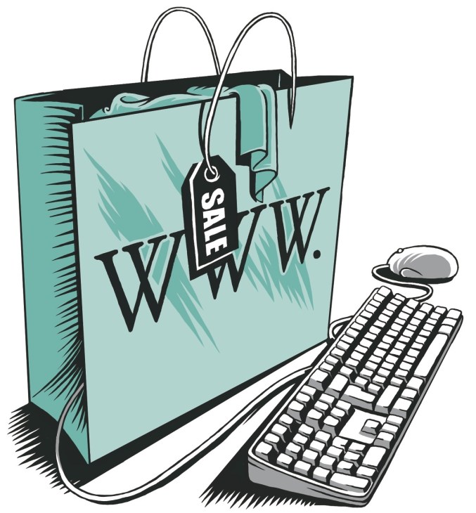 Illustration of a turquoise shopping bag with sales tag connected to a computer keyboard and mouse.