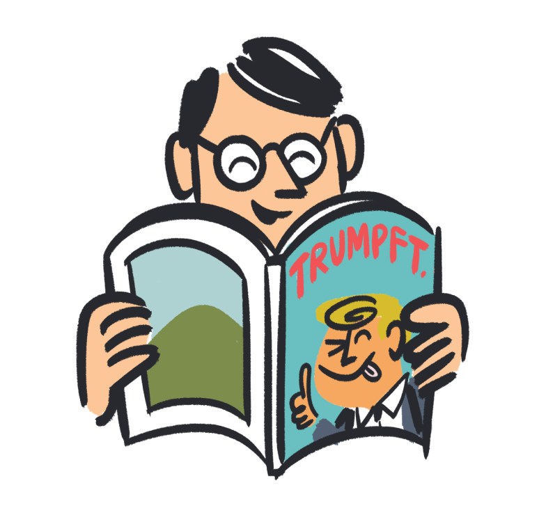 Illustration of a man with glasses reading a satirical newspaper featuring Donald Trump.