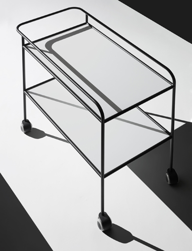 Steel pipe drinks trolley with two shelves and casters, designed by Shiro Kuramata for Cappellini.