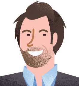 Illustrated portrait of Robert Bound, a man with dark hair and beard wearing a blue shirt.