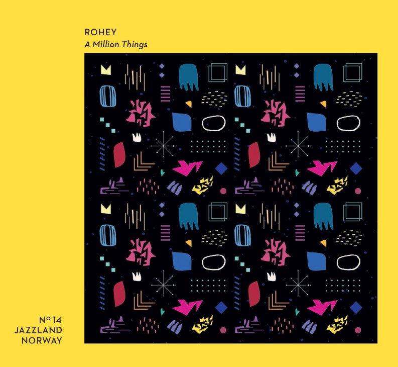 Rohey album cover 'A Million Things' featuring colorful geometric shapes on black background.