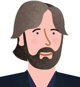 Illustration of Ruben Östlund, a film director with shoulder-length dark hair and a full beard.