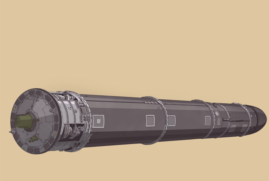 Technical illustration of the RS-28 Sarmat intercontinental ballistic missile against a tan background.