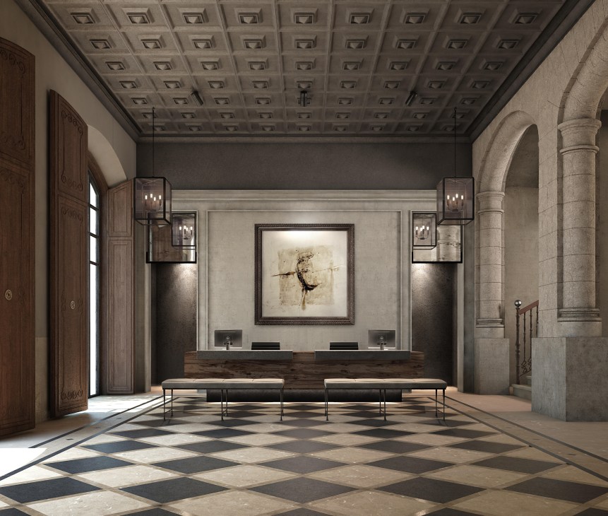 Sant Francesc Hotel Singular reception hall with coffered ceiling, arched columns, and diamond-patterned floor.