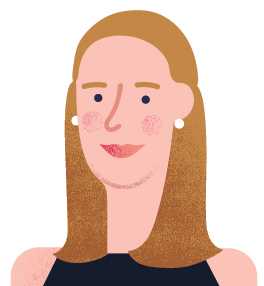 Illustration of Sarah Gormley, a woman with long brown hair and pink complexion wearing a dark top.