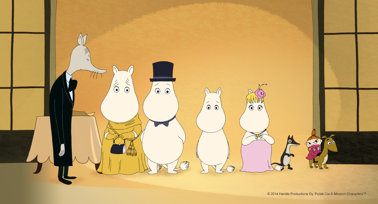 Illustration of the Moomin family and characters lined up together in formal attire against a golden background.