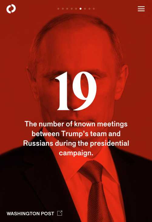 The Outline website displaying a red-tinted portrait with large white number 19 and text about Trump campaign meetings with Russians.