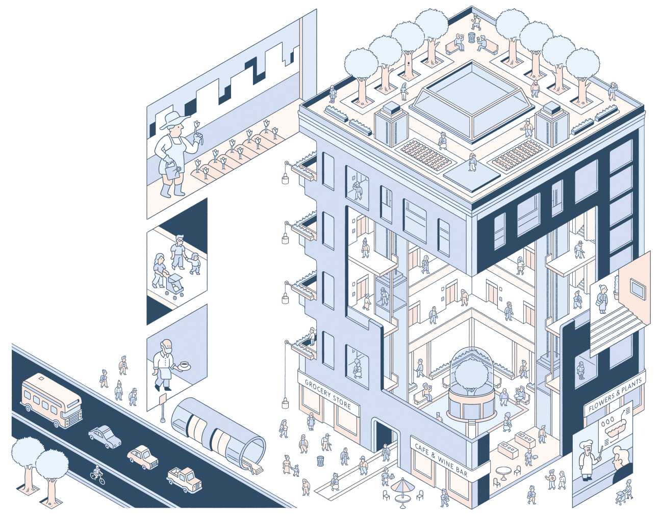 Isometric illustration of a mixed-use residential building with rooftop garden, ground-floor café, and street-level shops.