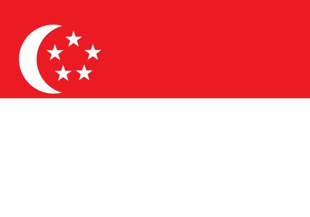 Singapore flag featuring white crescent moon and five stars on red background.