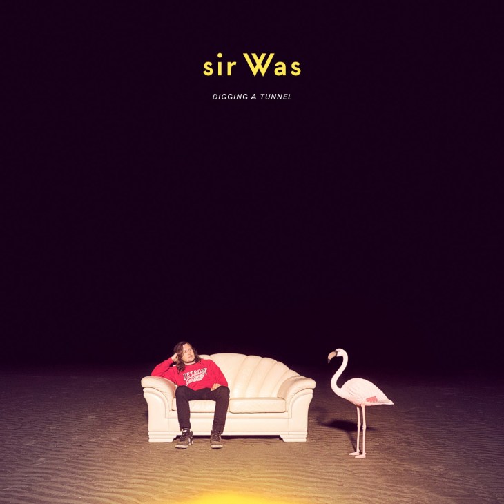 Album cover for Sir Was's 'Digging a Tunnel' showing a man on a couch with a flamingo.
