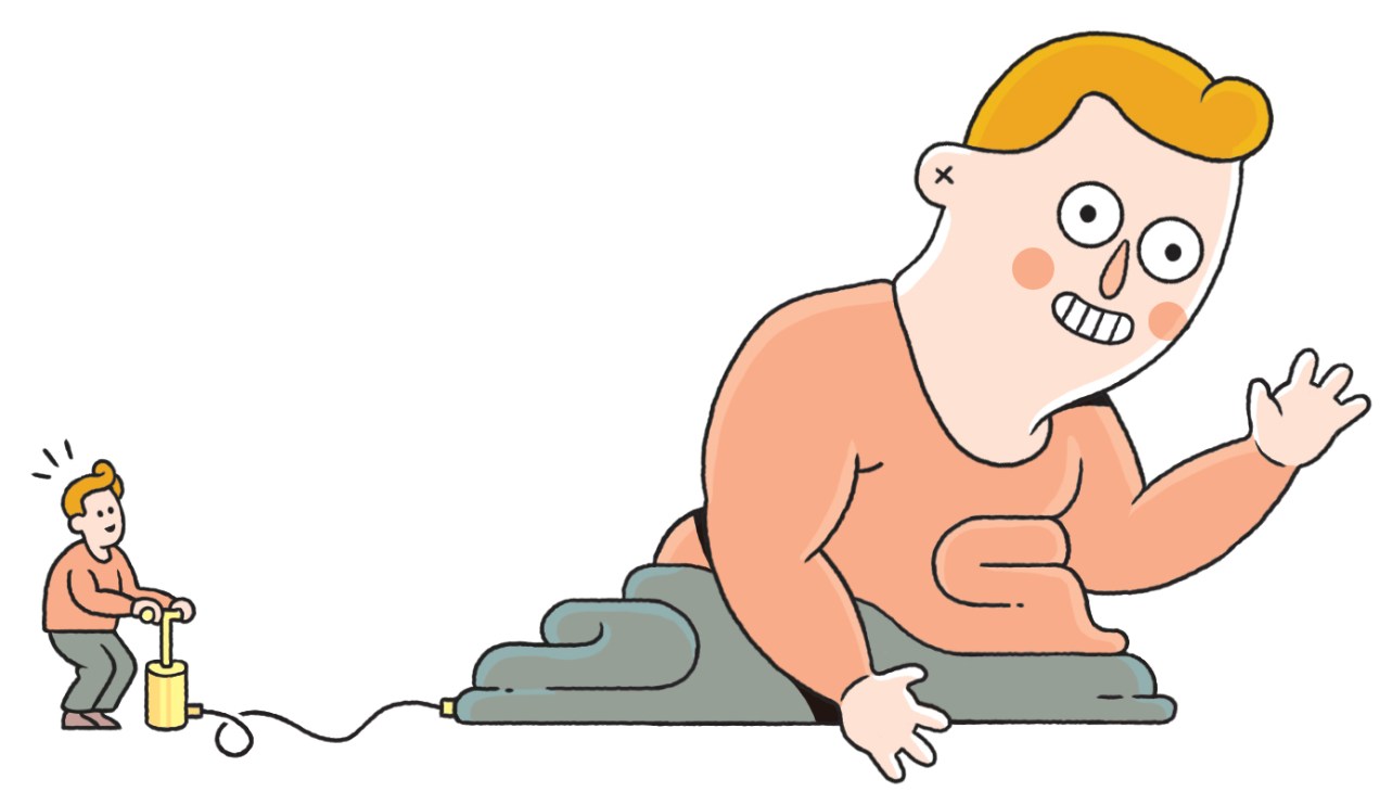 Cartoon illustration of a large blonde man in orange shirt appearing distressed while a small figure operates a pump labeled with a power cord.