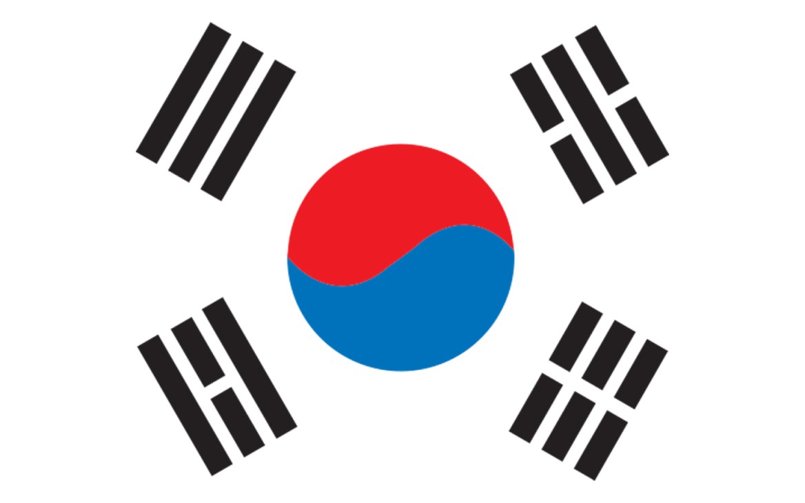 South Korean flag with red and blue yin-yang symbol surrounded by black vertical bars