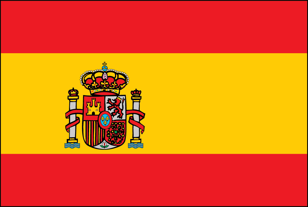 Spanish flag with red and yellow horizontal stripes and central coat of arms.
