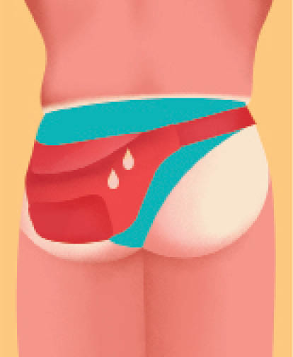 Illustration of a man wearing red and turquoise colorblock speedos from behind.
