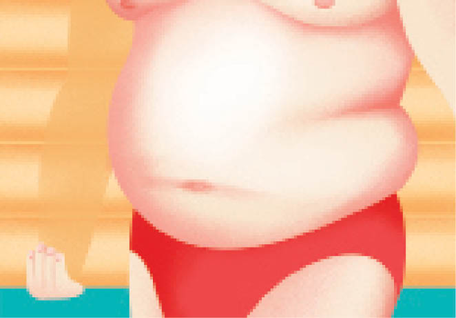 Illustration of a man with a rounded belly wearing red speedos on a beach