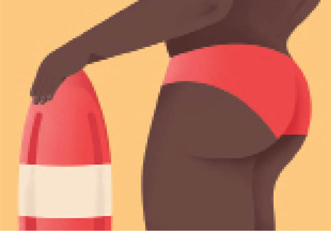 Illustration of a person wearing red and white swimming briefs against a yellow background.