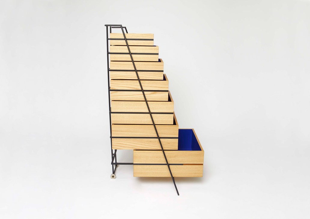 Sutoa drawers by Frama, a tapering tower of six oak drawers with descending sizes and black steel frame.
