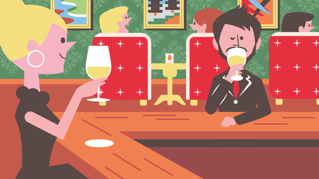 Illustration of a woman and man at a bar counter with drinks and red banquettes in background.