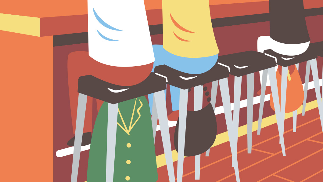 Illustration of people sitting at a bar counter with colorful clothing and styling in a modern, minimalist art style.