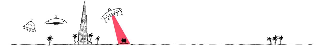 Line illustration of UFOs with red beam abducting a car near desert palm trees and a tall building.
