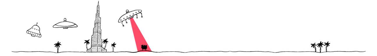 Line illustration of UFOs with red beam abducting a car near desert palm trees and a tall building.