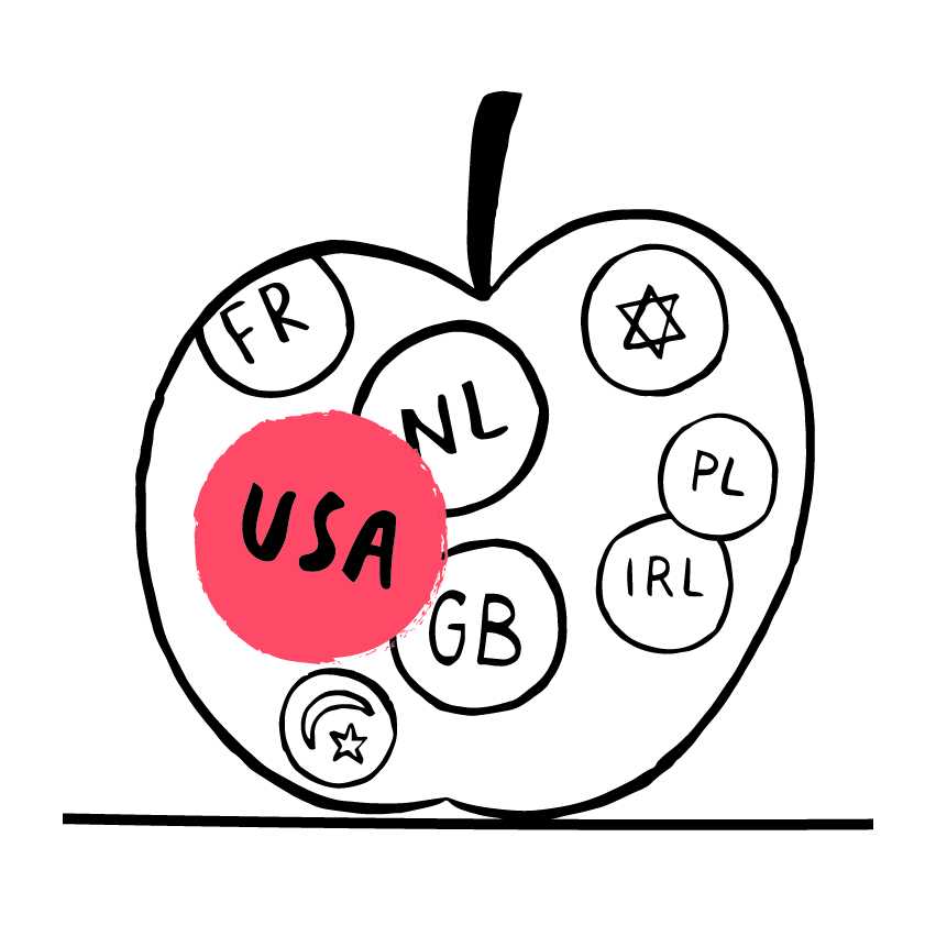 Illustration of an apple with country code abbreviations and symbols on its surface.