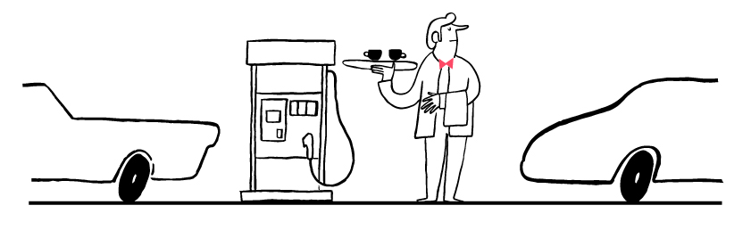 Line illustration of a man at a petrol pump between two cars holding a tray of food.