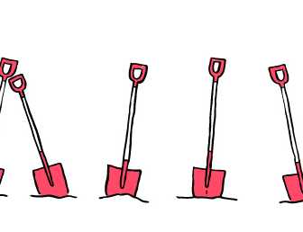 Illustration of a man with a shovel digging, followed by seven empty shovels in a row.