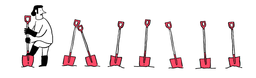 Illustration of a man with a shovel digging, followed by seven empty shovels in a row.