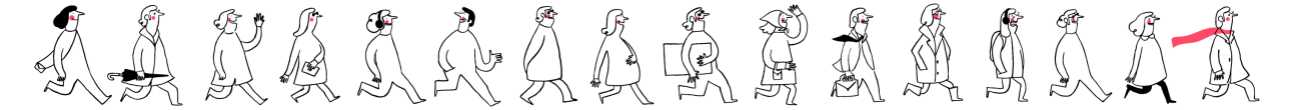 Line drawing illustration of multiple businesspeople walking in various poses and directions.