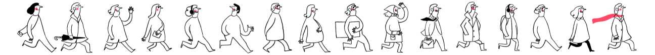 Line drawing illustration of multiple businesspeople walking in various poses and directions.