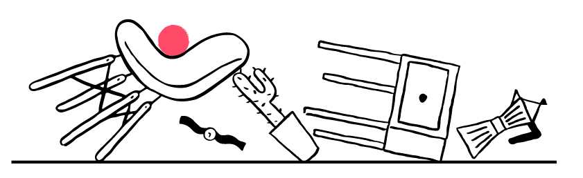 Line illustration of a figure surrounded by scattered objects including papers, books, and household items.