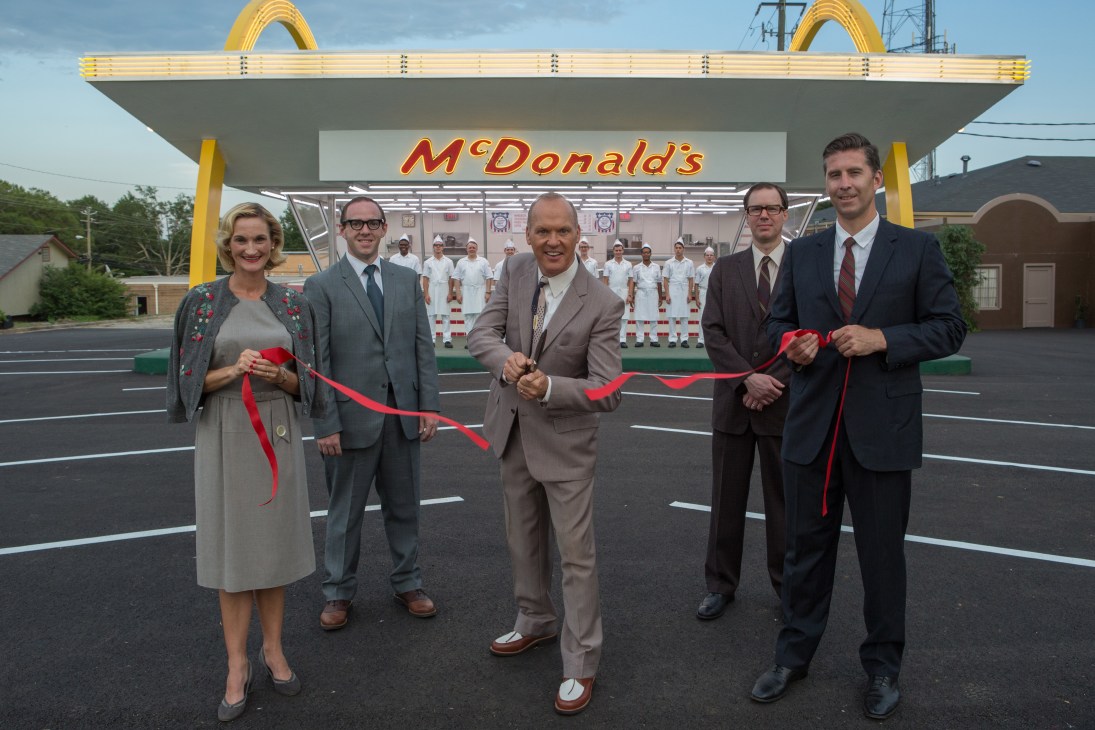 Still from The Founder film showing Michael Keaton as Ray Kroc at a McDonald's restaurant